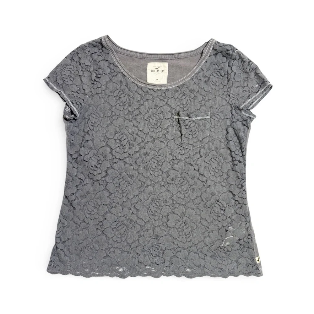 Hollister Y2K Lace Sheer Pocket Baby Tee size M
